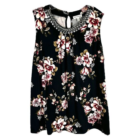 Faith and Joy Plus Size 3X Tank‎ Top Floral Pearl Rhinestone Neckline Soft 1698 - Picture 1 of 8